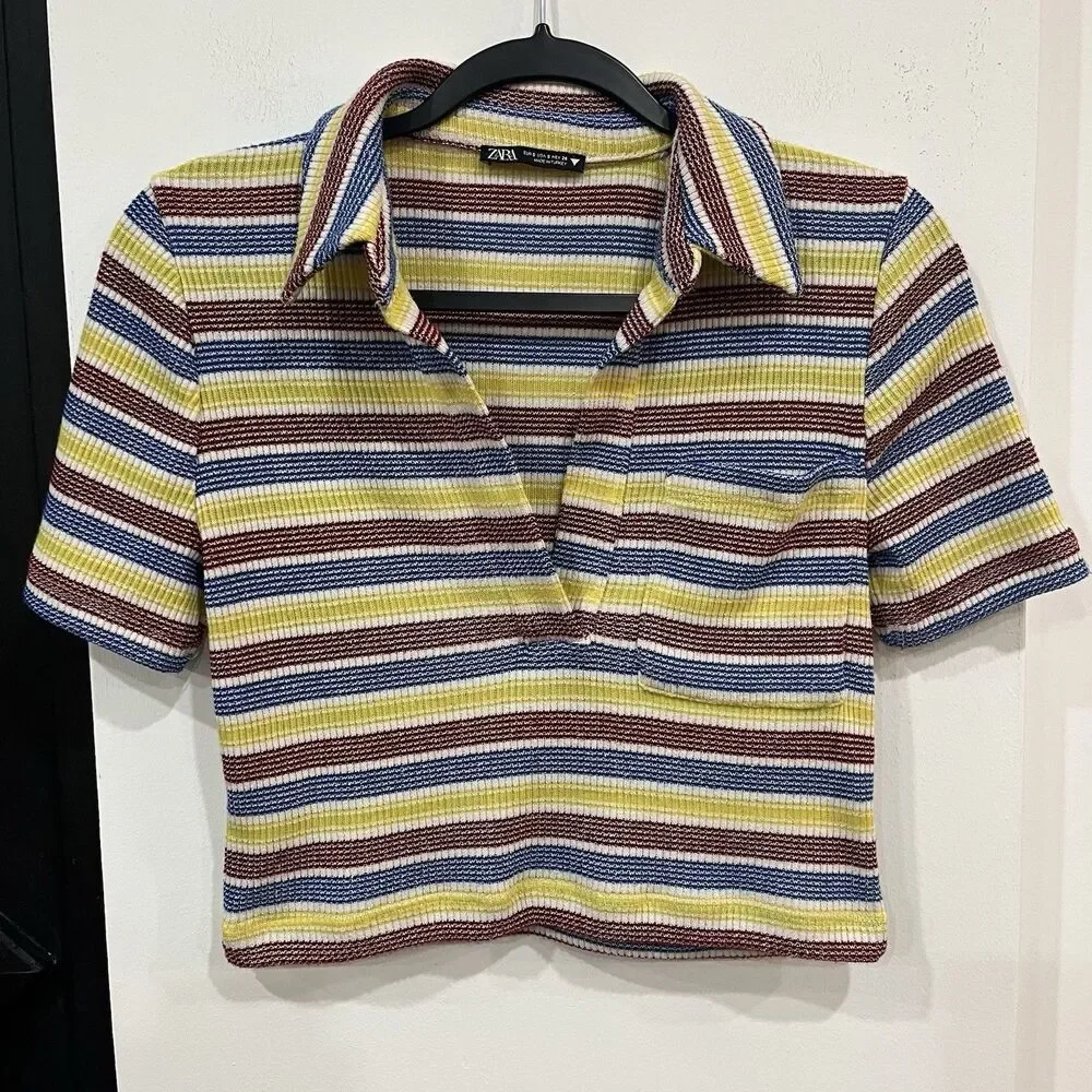 Zara Multicolor Striped Collared Knit Crop Top Size Small Retro Kidcore - Picture 3 of 5